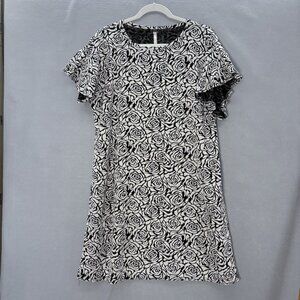 Uncle Frank Black White Floral Flutter‎ Sleeve Dress Large Boho Cottagecore USA